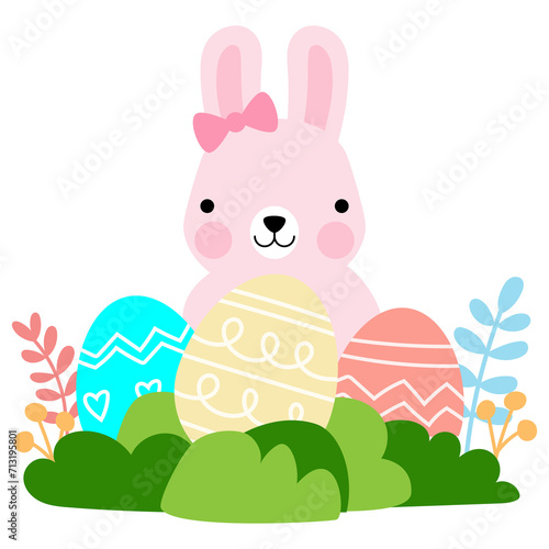 Easter bunny rabbits with baby chicks and Easter eggs, Welcome spring season,