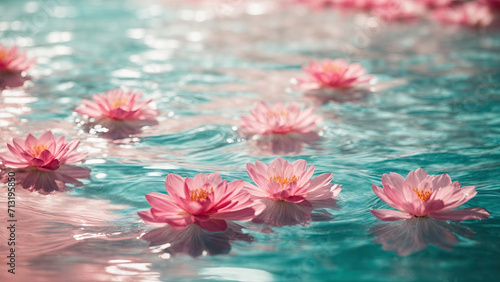 Pink Lilies on turquoise water. Water background. Spa and cosmetic concept background. banner