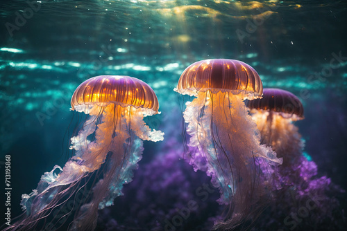 Jellyfish with an iridescent glow, the sun's rays penetrating the sea water at the bottom of the sea.