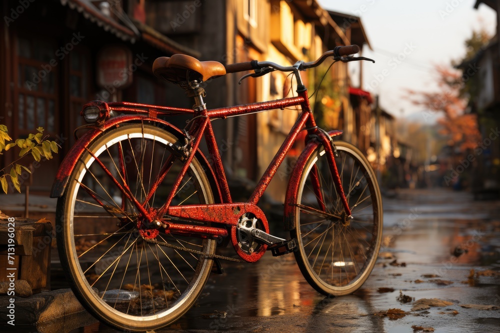 A vibrant red bicycle stands out against the wet city street, its sleek frame and tire reflecting the urban landscape as it waits patiently for its next journey