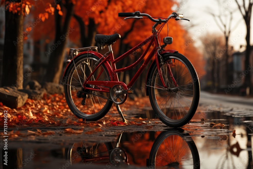 A lone bicycle stands, its orange frame reflecting the autumn trees, its wheels resting in a puddle as it awaits its next journey through the streets