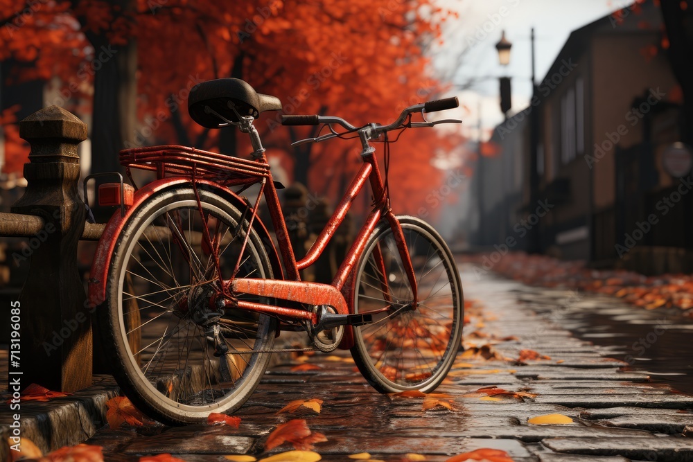 A vibrant red bike, its wheels resting on the ground, parked on the busy city sidewalk in the midst of autumn, ready to transport its rider on a colorful journey through the streets