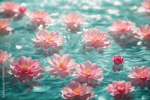 Water background. Pink Lilies on turquoise water. Spa and cosmetic concept background. banner