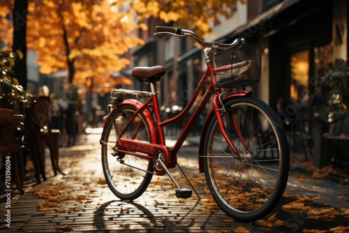 A vibrant red bicycle rests peacefully on the bustling city sidewalk  its sleek frame and sturdy wheels ready for a leisurely ride through the autumn streets