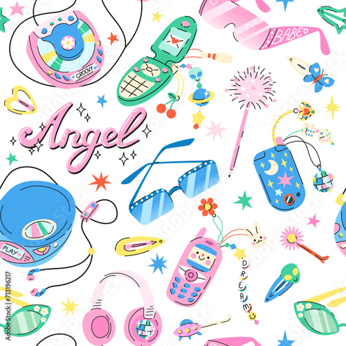 Seamless pattern with Cute cartoon retro 2000s CD players, flip phone, sunglasses. Hand drawn flat vector y2k glamour accessorise in colored doodle style. Background in 00s nostalgic style.