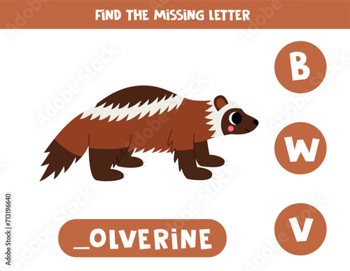 Find missing letter with cartoon wolverine. Spelling worksheet.