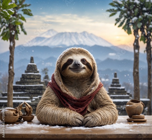 Cute sloth in a warm scarf and a cup of hot tea sitting on a wooden table with the background of Mount Fuji.