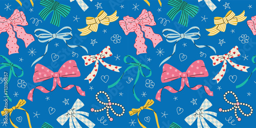 Seamless pattern with various cartoon bow knots, gift ribbons. Trendy hair braiding accessory. Hand drawn vector illustration. Valentine's day background.