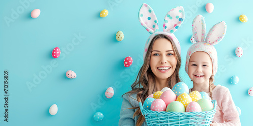 Happy mother and her daughter standing on blue background with basket full of colourful eggs and with bunny ears on their heads. Easter concept.