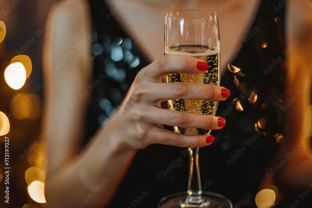 Close up of woman hands with champagne glass 