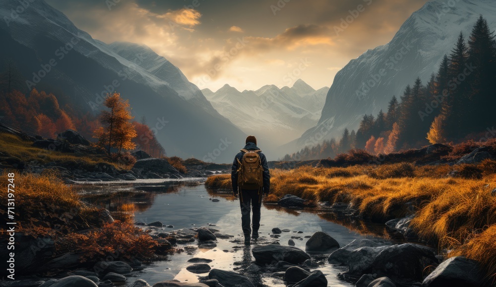 Amidst the tranquil fog and vibrant autumn landscape, a solitary figure stands in the river, surrounded by majestic mountains and a breathtaking sunset, lost in the wild beauty of nature while on a p - obrazy, fototapety, plakaty 
