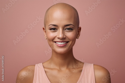 bald woman smiling in pink shirt studio portrait 