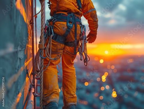 Suspended midair on ropes, the construction painter maneuvers gracefully, adding vibrant strokes to the evolving canvas of the construction site