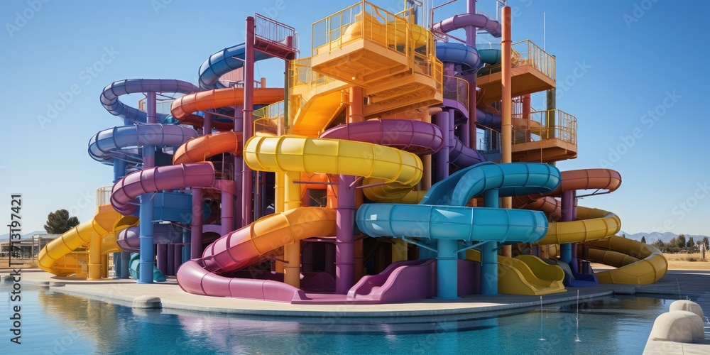 Experience the thrill of the sky as you slide down colorful water slides at this outdoor playground, with floating boats and endless water fun