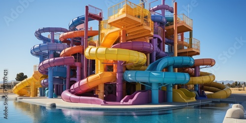 Experience the thrill of the sky as you slide down colorful water slides at this outdoor playground, with floating boats and endless water fun photo