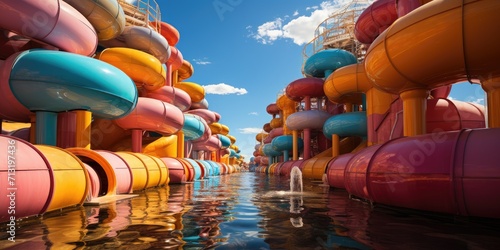Experience the thrill of soaring through the sky on inflatable water slides amidst fluffy clouds and floating balloons at this vibrant outdoor water park photo