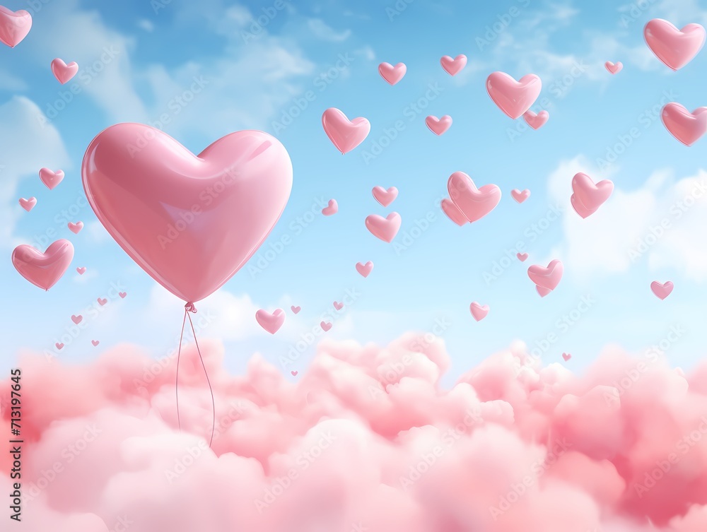 Valentine's Day theme for Card with pink color heart shaped balloon floating in the blue sky background