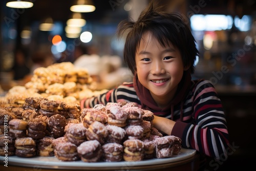 A young boy beams with joy as he admires a spread of delectable pastries  surrounded by the warmth of a cozy indoor setting and the company of a woman and girl  all dressed in their finest clothing  