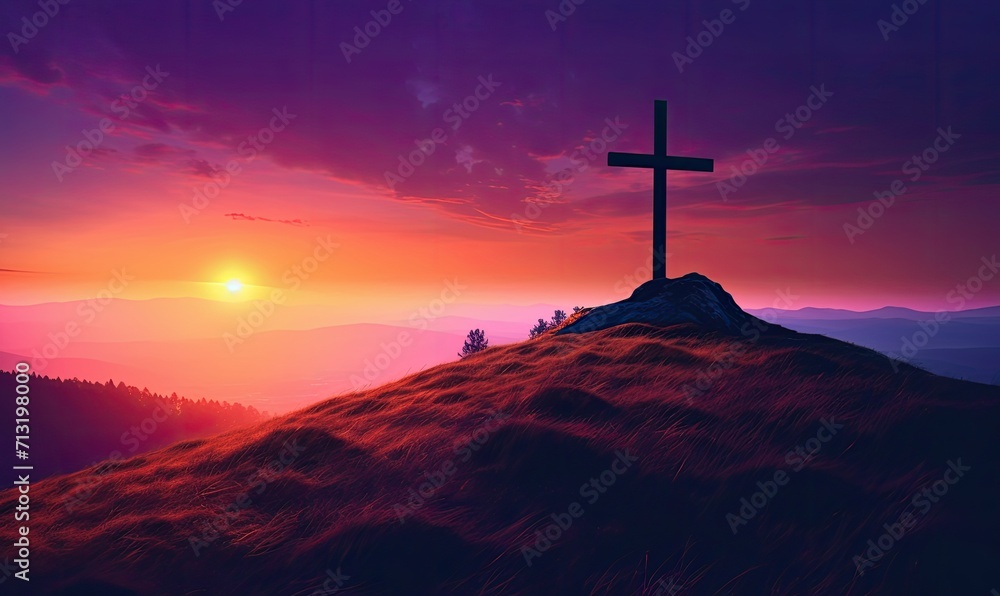 A symbol of hope stands tall amidst the ever-changing sky, silhouetted against the majestic mountain landscape, as the sun sets on a peaceful evening, Easter concept A symbol of hope stands tall amidst the ever-changing sky, silhouetted against the majestic mountain landscape, as the sun sets on a peaceful evening, Easter concept