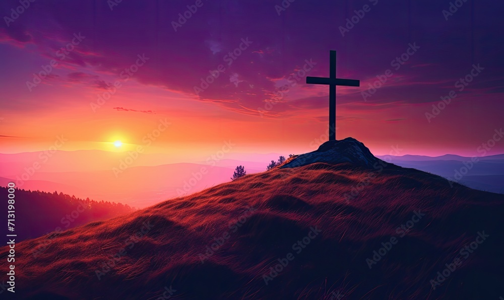 A symbol of hope stands tall amidst the ever-changing sky, silhouetted against the majestic mountain landscape, as the sun sets on a peaceful evening, Easter concept