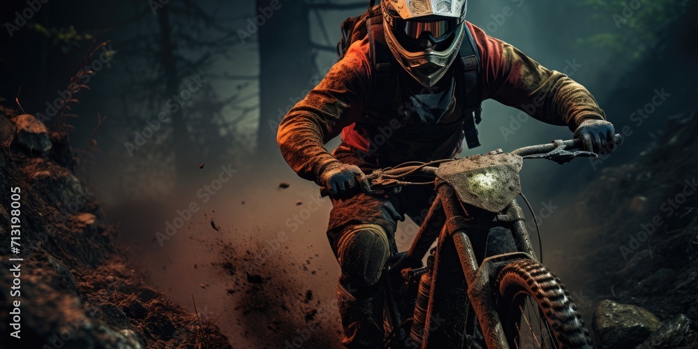 A daring rider dons their helmet and takes to the rugged terrain on their powerful dirt bike, embracing the thrill of freeride motocross in the great outdoors A daring rider dons their helmet and takes to the rugged terrain on their powerful dirt bike, embracing the thrill of freeride motocross in the great outdoors