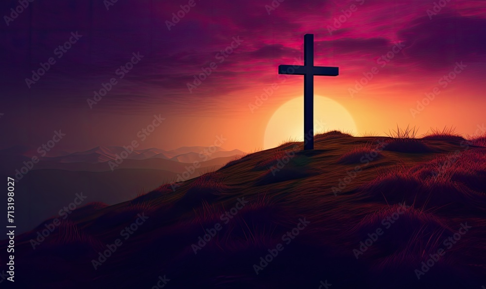 A majestic cross stands tall atop a hill, silhouetted against the vibrant hues of a mountain sunrise, a symbol of hope and faith. Easter day concept