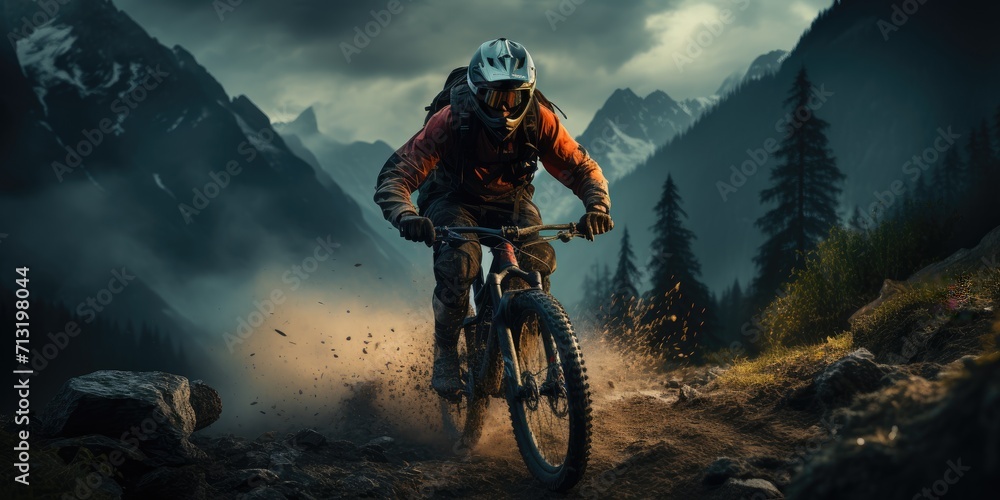 A fearless cyclist braves the foggy terrain, pushing their mountain bike to the limit on a dirt road as they ride towards the cloudy horizon - obrazy, fototapety, plakaty 