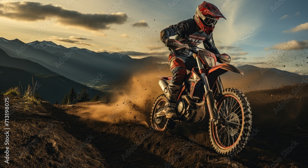 A fearless man conquers the rugged terrain on his dirt bike, soaring through the sky as the sun sets behind him in a thrilling display of extreme sportsmanship - obrazy, fototapety, plakaty 