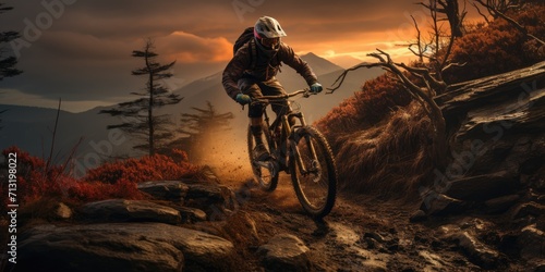 Pedaling through the golden hour, a rider conquers the rugged terrain on their trusty mountain bike, helmet gleaming under the setting sun photo
