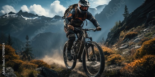A daring rider conquering the rugged terrain on their mountain bike, with the wind in their hair and the sky as their backdrop