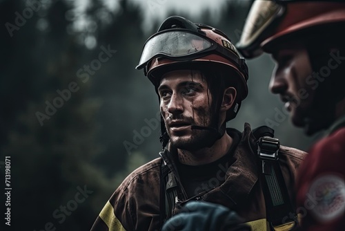 A firefighter donning a helmet gazes intently at a man's face in the great outdoors, their protective gear symbolizing strength and bravery