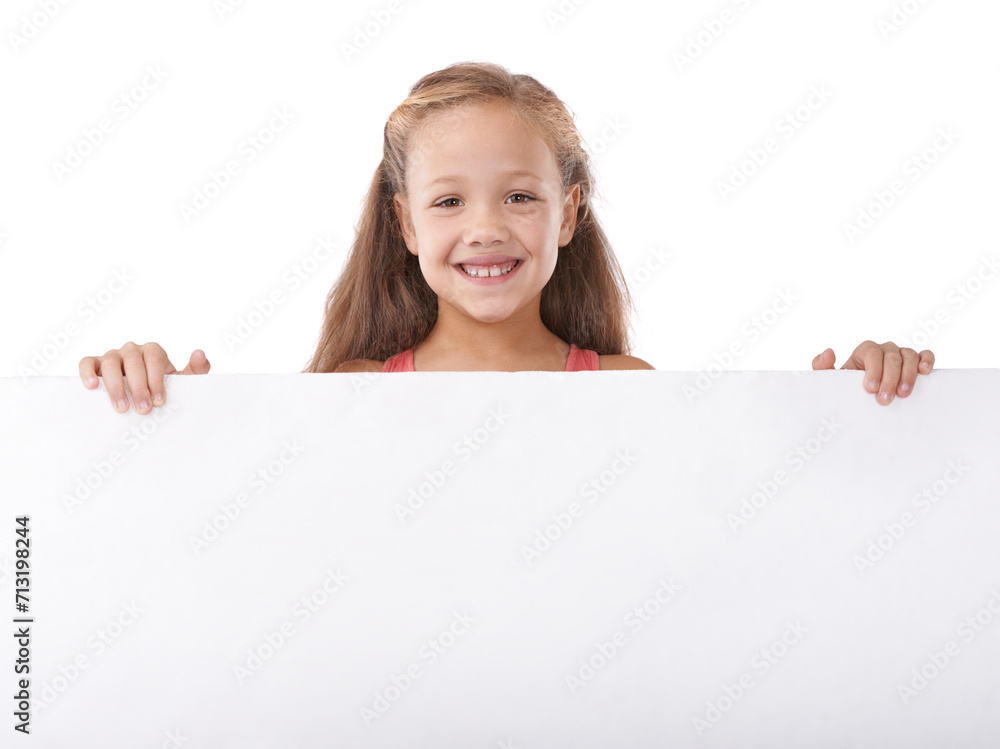 Poster, portrait and child advertising space, broadcast news and commercial presentation in studio on white background. Happy girl, kid and sign board for feedback, launch and information coming soon Poster, portrait and child advertising space, broadcast news and commercial presentation in studio on white background. Happy girl, kid and sign board for feedback, launch and information coming soon