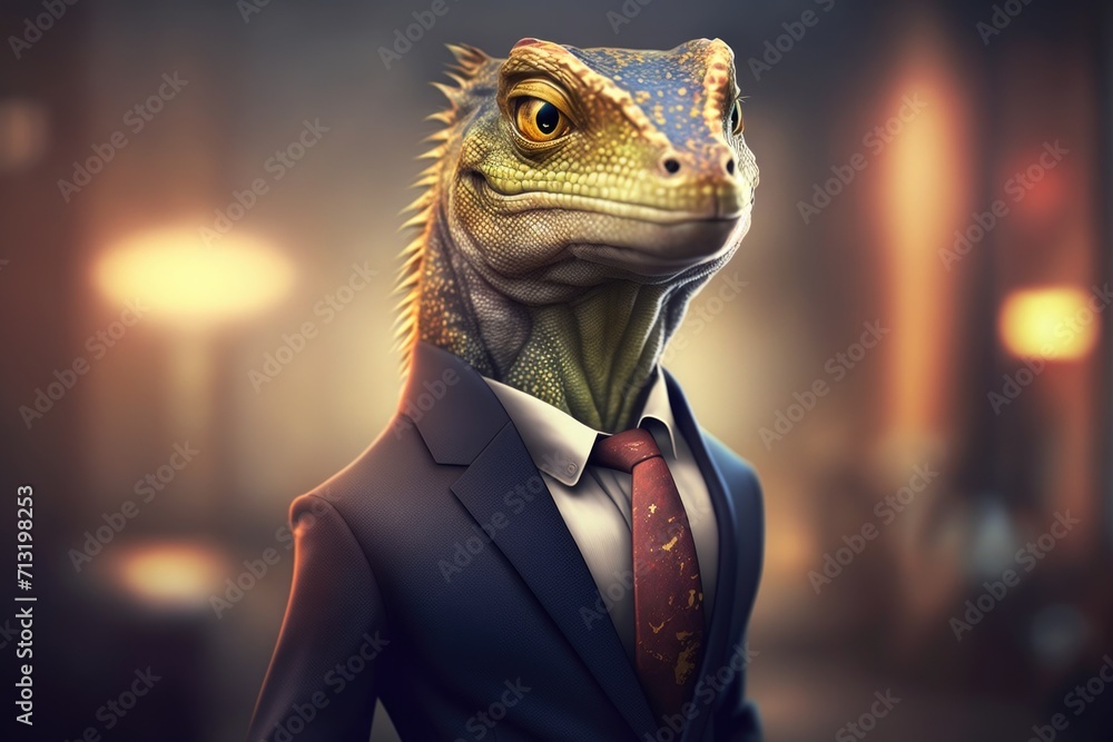 portrait of lizard in a dark business suit with a gold tie on a blurred background of an office portrait of lizard in a dark business suit with a gold tie on a blurred background of an office