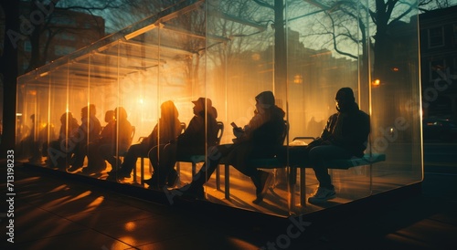 As the fog rolls in, silhouettes of people sitting on benches at a bus stop are illuminated by the warm city lights, creating a peaceful scene in the bustling streets of the night photo