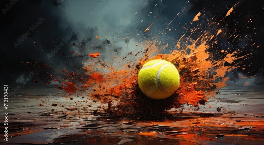 A vibrant burst of color as a tennis ball collides with a pool of orange paint, capturing the excitement and energy of a playful outdoor game
