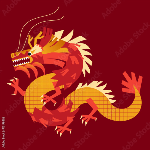 2024 Chinese Dragon Lunar New Year card. Festive vector illustration. Chinese greeting design. Hand drawn Asian style abstract geometric dragon. 