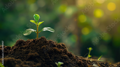 A young plant sprouting from the soil. Concept of fertility, ecology, gardening.