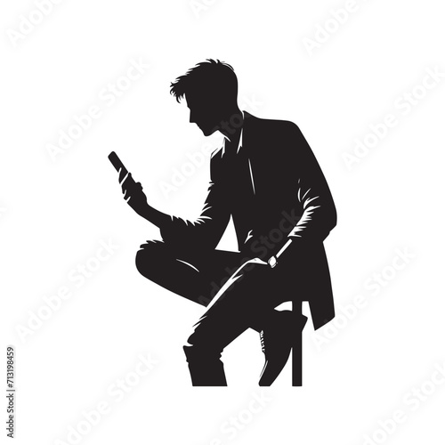 Connectivity Chronicles: Man Using Mobile Silhouette Unveiling Tales of Technological Interaction - Mobile Addiction Illustration - Man Vector
