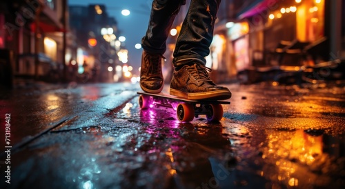 A fearless skateboarder glides through the slick city streets, illuminated by the glowing lights of the buildings and the glistening raindrops, their boots firmly planted on the wet ground as they em