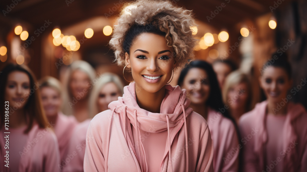 Pink ribbon symbol, group of diverse women standing Pink ribbon symbol, group of diverse women standing