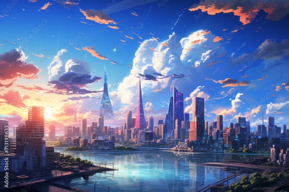 Celebrate the vibrancy of urban living in anime form with a city background, featuring animated skyscrapers, bustling streets, Generative AI - obrazy, fototapety, plakaty 
