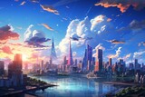 Celebrate the vibrancy of urban living in anime form with a city background, featuring animated skyscrapers, bustling streets, Generative AI