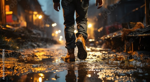 A solitary figure braves the elements, their boots splashing through the rain-soaked city streets, their reflection flickering in the fiery glow of a distant streetlamp