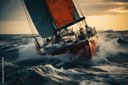 A lone sailor rides the winds atop a majestic sailboat, navigating the ocean waves under the vast sky