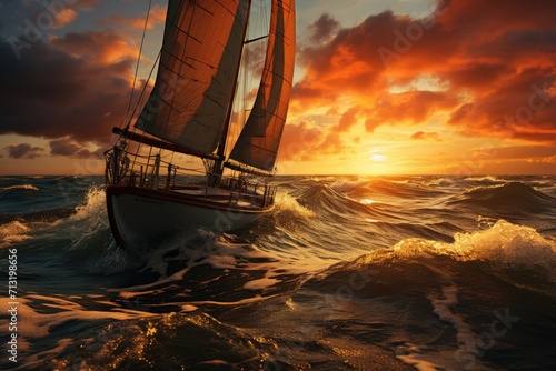 A solitary sailboat glides through the ocean, its mast reaching towards the cloud-speckled sky, a peaceful transport on the water as the sun sets on the horizon