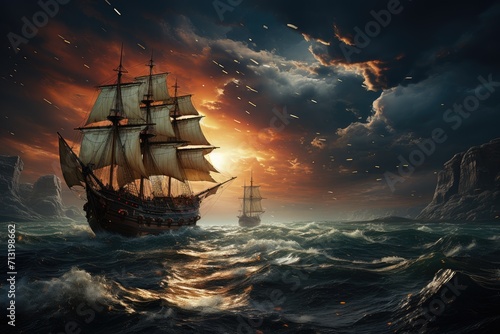 A majestic sailing ship gracefully glides through the endless expanse of the ocean, its towering mast reaching towards the sky as fluffy clouds dot the horizon, a true symbol of adventure and freedom