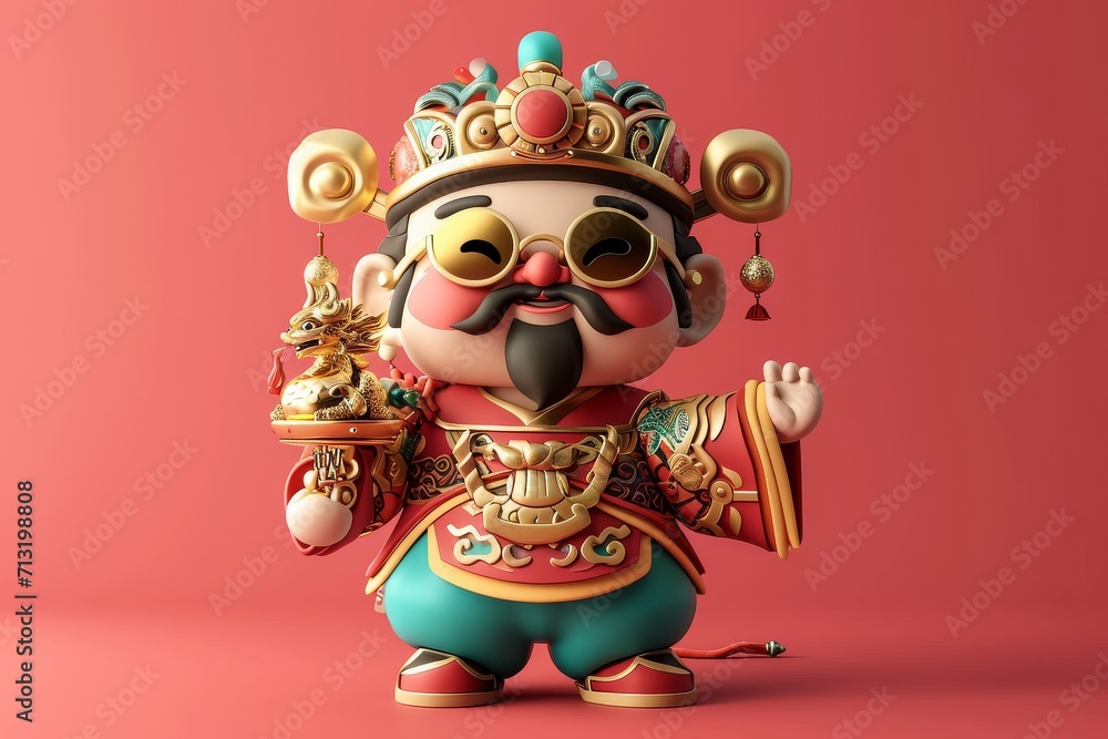 The God of Wealth for chinese new year at red background.