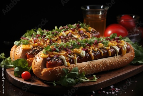 Indulge in a mouthwatering fast food feast with a loaded hot dog on a rustic wooden plate, topped with fresh vegetables and served alongside a crispy salad