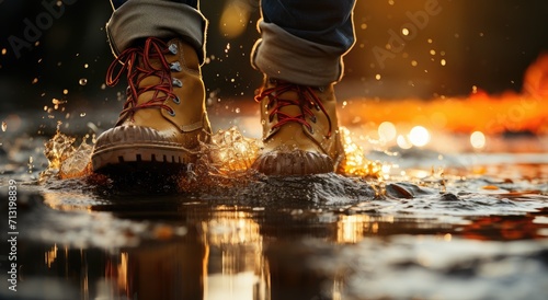 A solitary figure stands in the rain, their boots submerged in a puddle, a flickering fire illuminating their reflection in the water as they brave the stormy night