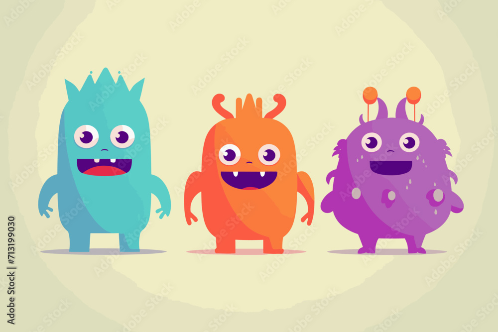 Cute abstract cartoon characters set. Bundle of different types of colorful monsters with simple shapes. Mascots expressing emotions. Vector childrens illustration in flat design isolated collection